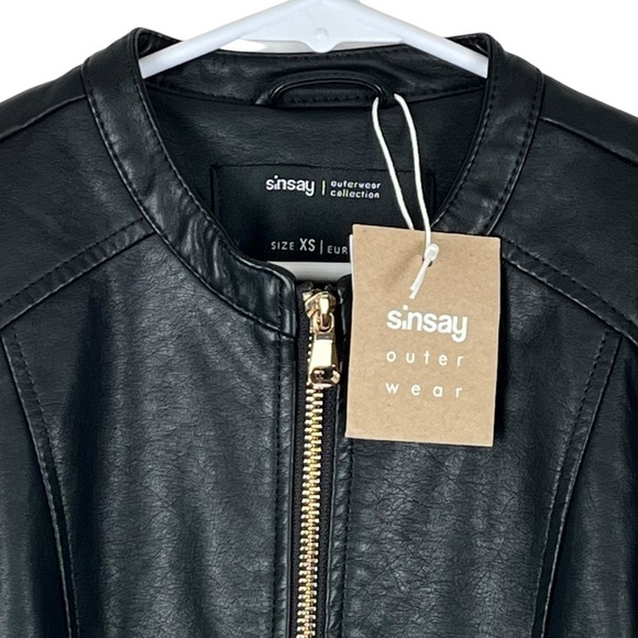 NWT Sinsay Outerwear Vegan Leather Black Moto Jacket Size XS - Picture 6 of 14